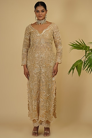 Ivory Embroidered Kurta Set by Farha Syed