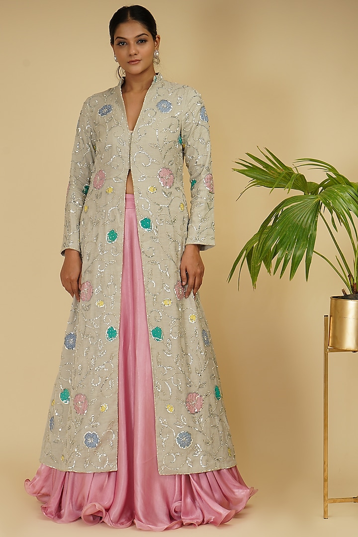 Silver Embroidered Long Jacket Set by Farha Syed
