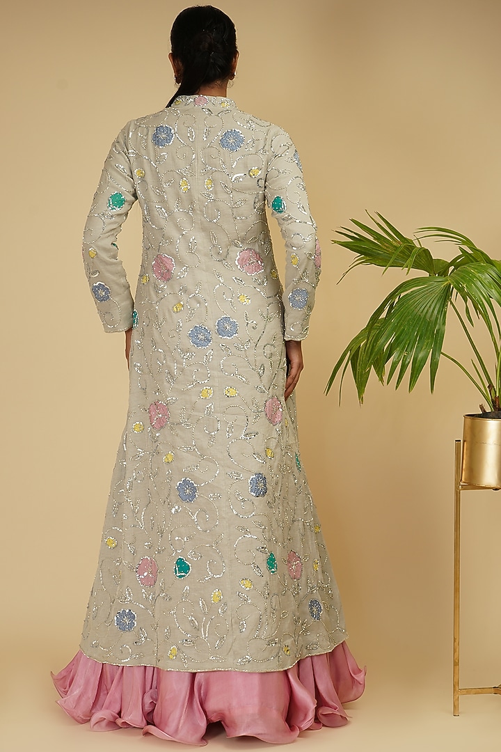 Silver Embroidered Long Jacket Set by Farha Syed at Pernia's Pop Up Shop