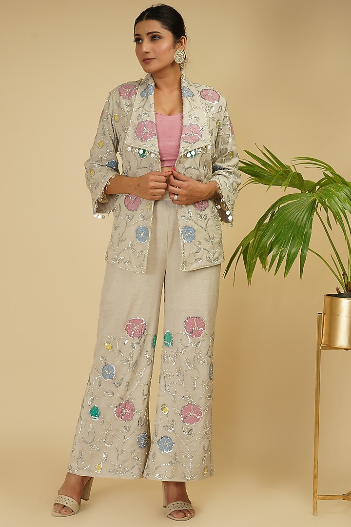 Silver Hand Embroidered Pant Set by Farha Syed at Pernia's Pop Up Shop
