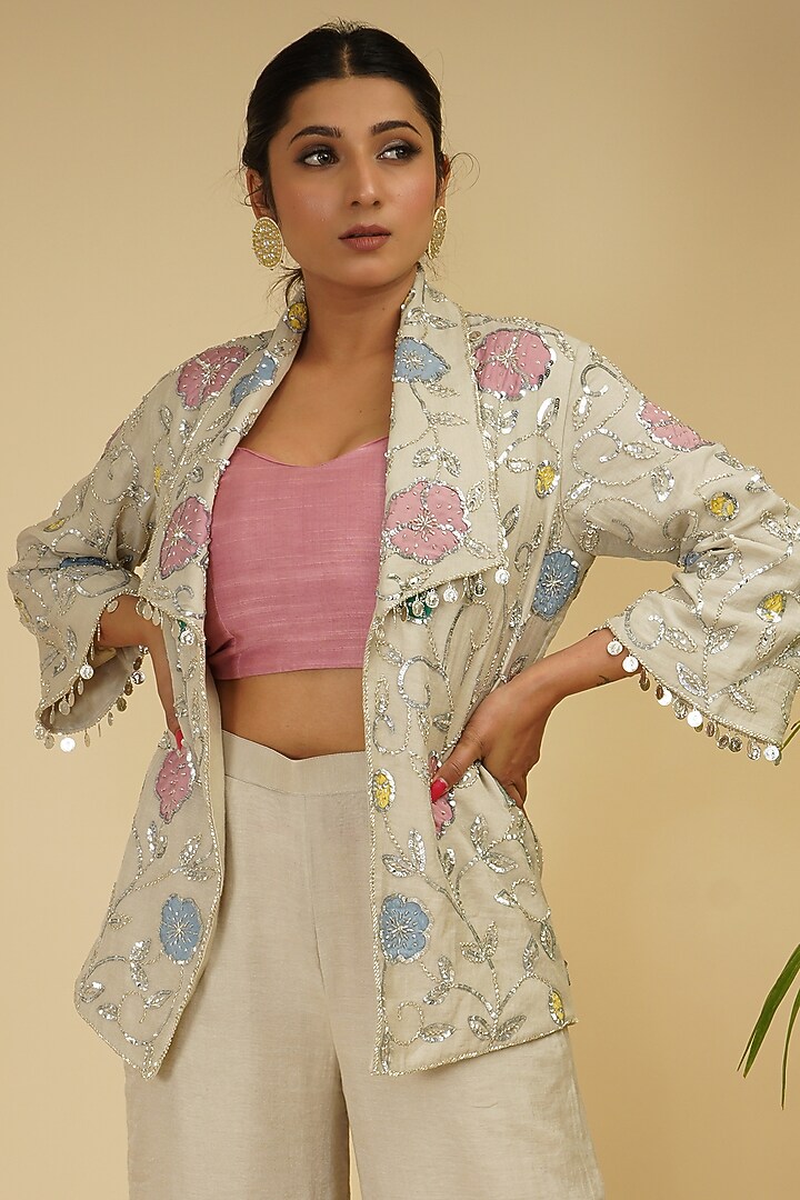 Silver Hand Embroidered Pant Set by Farha Syed at Pernia's Pop Up Shop
