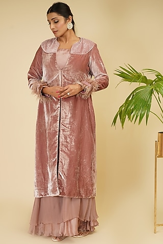 Mauve Pink Embroidered Jacket Set by Farha Syed