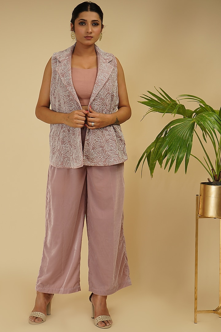 Mauve Pink Silk Velvet Pant Set by Farha Syed