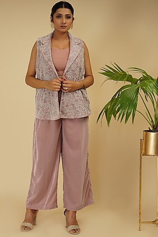 Mauve Pink Silk Velvet Pant Set by Farha Syed