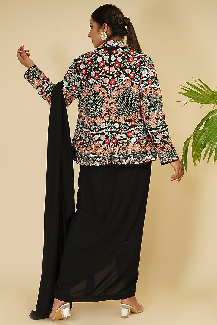 Black Modal Satin Draped Wedding Saree Set by Farha Syed at Pernia's Pop Up Shop