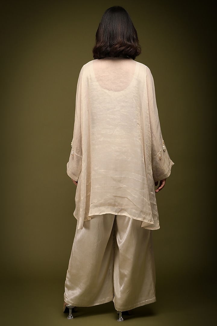Ivory Beige Handloom Georgette Tissue Mirror Embroidered Kaftan Set by Farha Syed at Pernia's Pop Up Shop