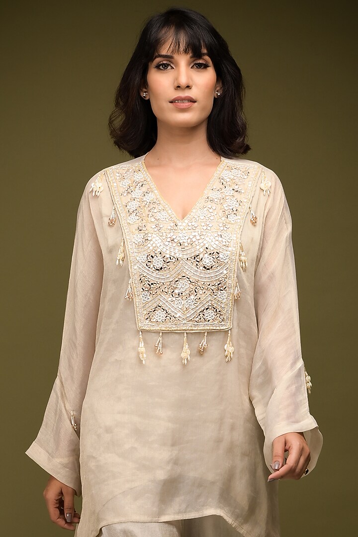 Ivory Beige Handloom Georgette Tissue Mirror Embroidered Kaftan Set by Farha Syed at Pernia's Pop Up Shop