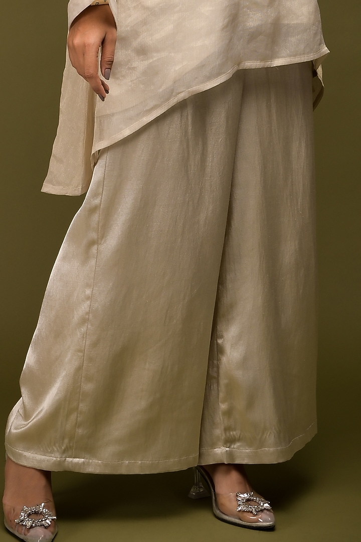 Ivory Beige Handloom Georgette Tissue Mirror Embroidered Kaftan Set by Farha Syed at Pernia's Pop Up Shop