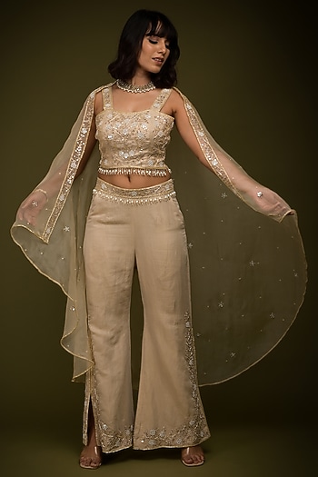 Ivory-Beige Pure Organza Mirror Embroidered Cape Set by Farha Syed at Pernia's Pop Up Shop
