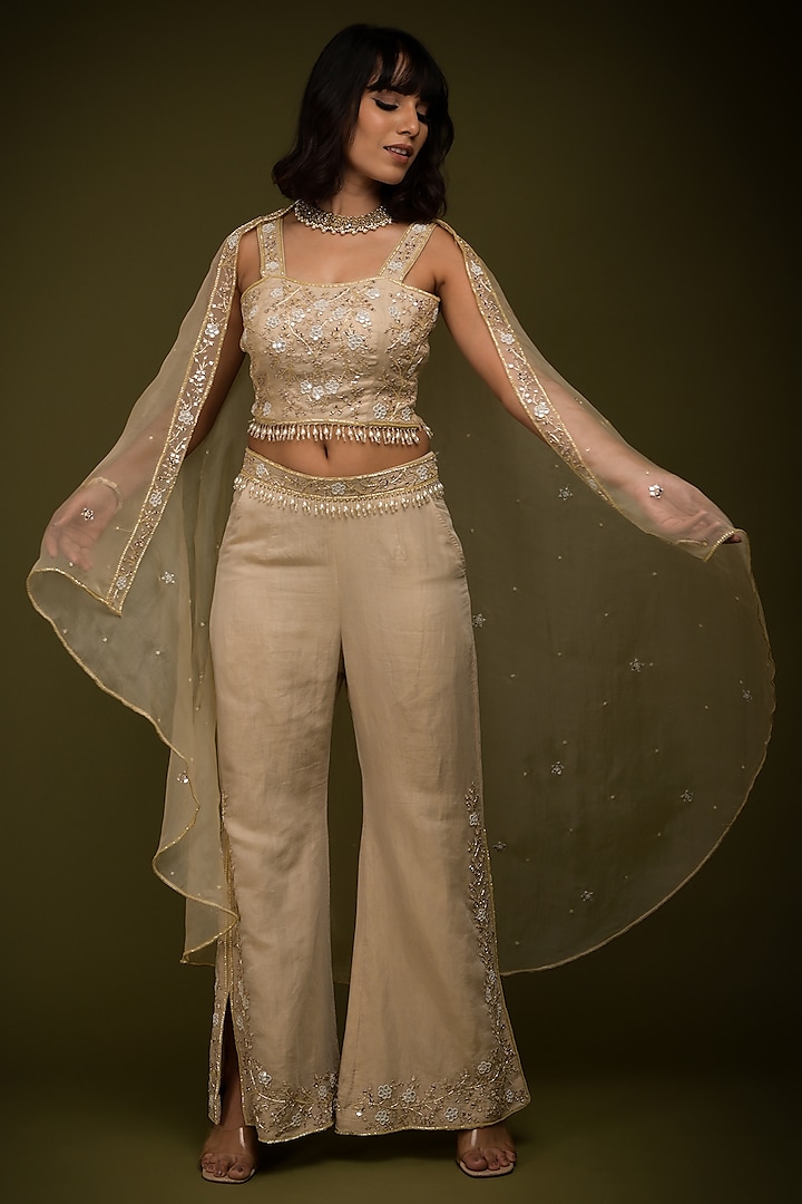 Ivory-Beige Pure Organza Mirror Embroidered Cape Set by Farha Syed