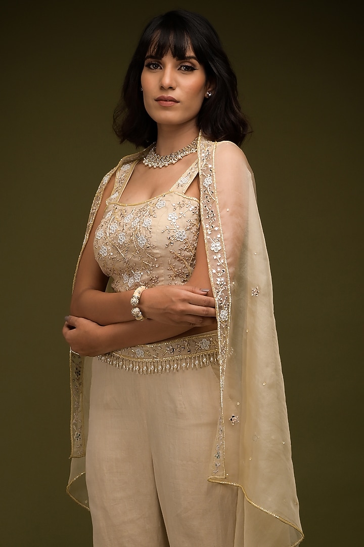 Ivory-Beige Pure Organza Mirror Embroidered Cape Set by Farha Syed at Pernia's Pop Up Shop