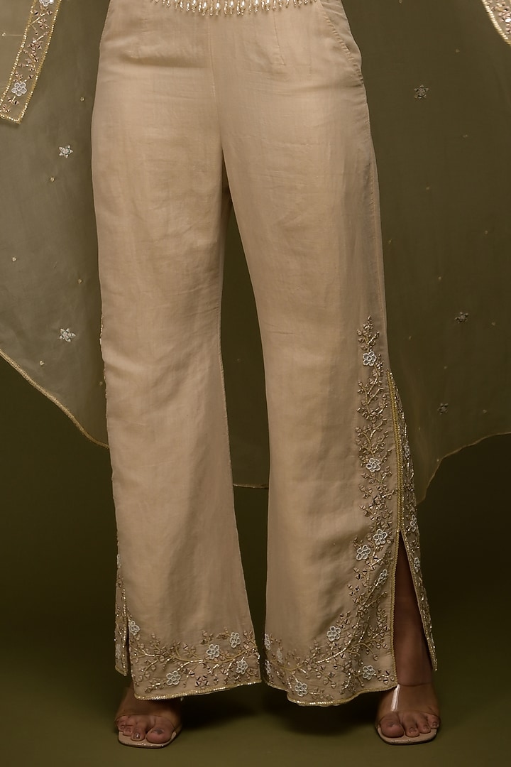 Ivory-Beige Pure Organza Mirror Embroidered Cape Set by Farha Syed at Pernia's Pop Up Shop