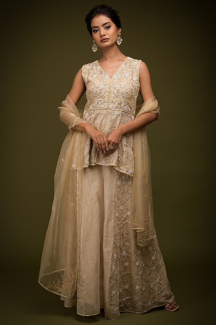 Ivory-Beige Handloom Tissue Chanderi Wedding Sharara Set by Farha Syed at Pernia's Pop Up Shop