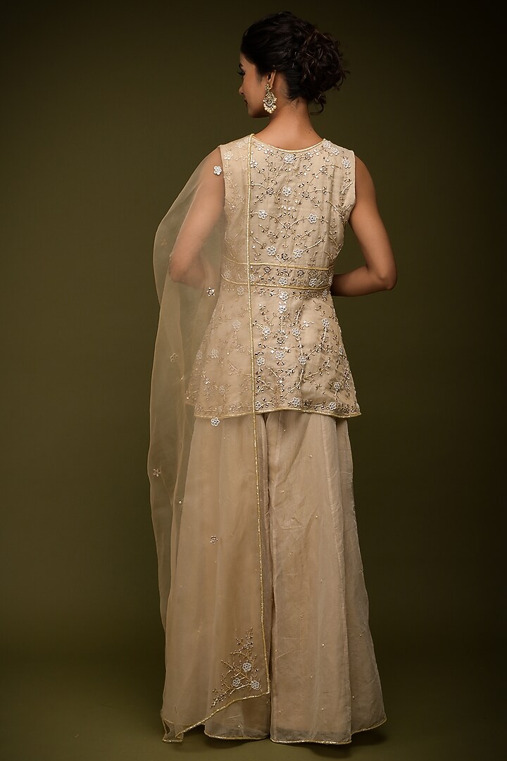 Ivory-Beige Handloom Tissue Chanderi Wedding Sharara Set by Farha Syed at Pernia's Pop Up Shop