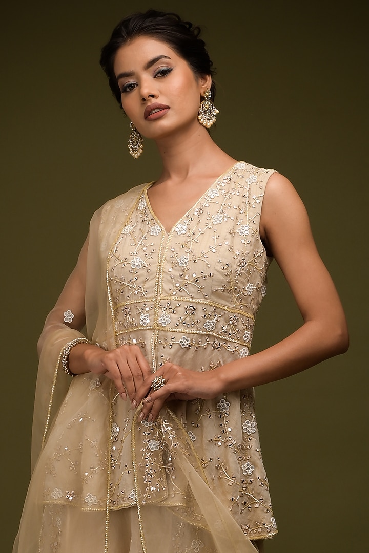 Ivory-Beige Handloom Tissue Chanderi Wedding Sharara Set by Farha Syed at Pernia's Pop Up Shop