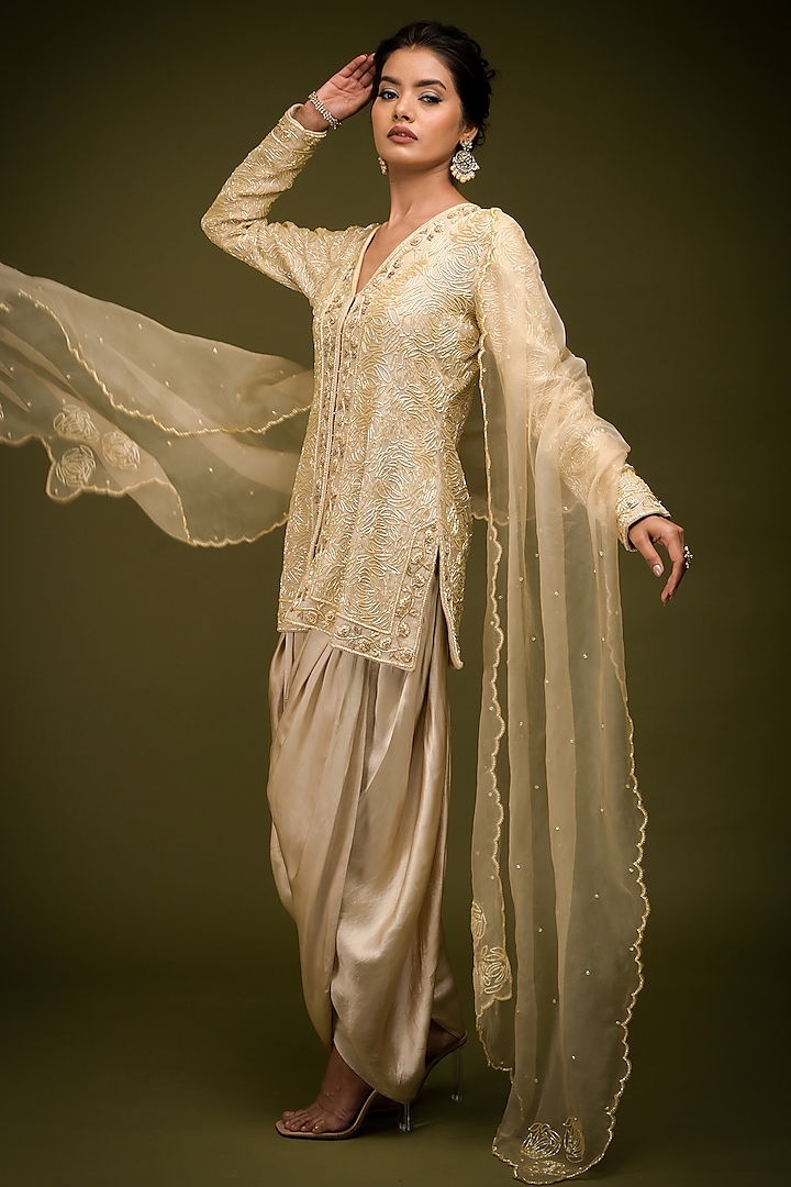 Ivory-Beige Tissue Chanderi Zardosi Embroidered Jacket Kurta Set by Farha Syed at Pernia's Pop Up Shop