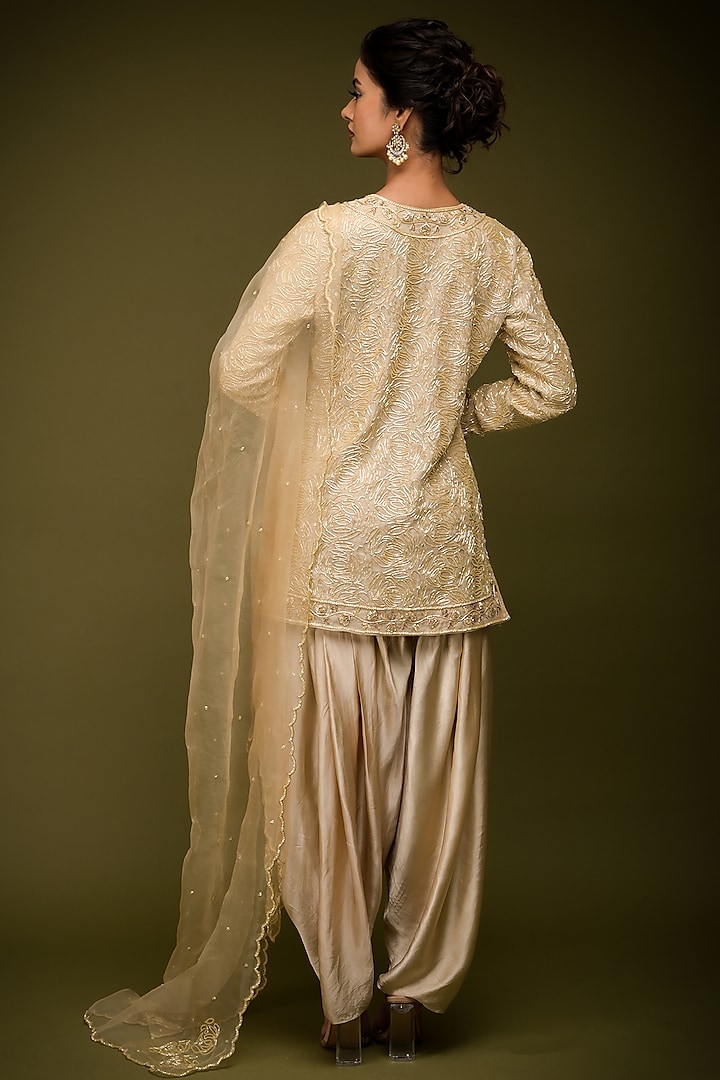 Ivory-Beige Tissue Chanderi Zardosi Embroidered Jacket Kurta Set by Farha Syed at Pernia's Pop Up Shop