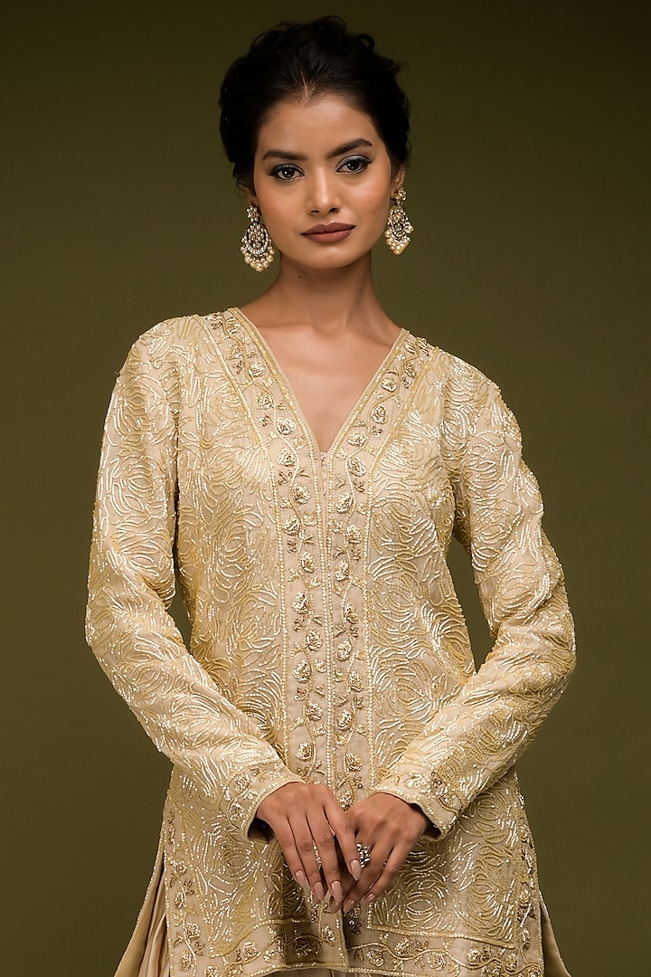 Ivory-Beige Tissue Chanderi Zardosi Embroidered Jacket Kurta Set by Farha Syed at Pernia's Pop Up Shop
