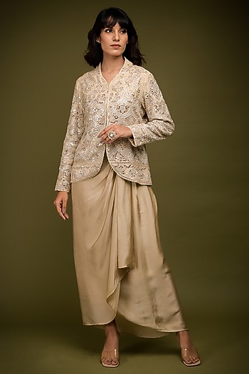 Ivory-Beige Satin Draped Skirt Set by Farha Syed at Pernia's Pop Up Shop