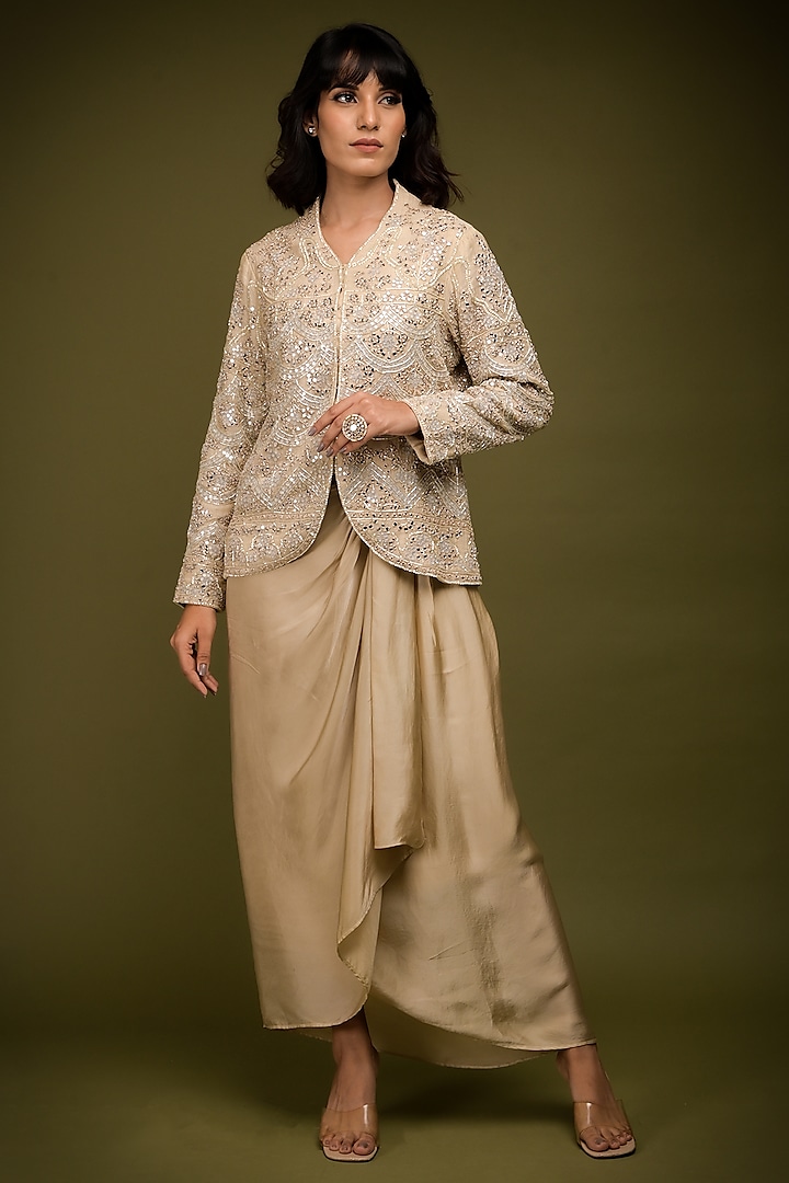 Ivory-Beige Satin Draped Skirt Set by Farha Syed at Pernia's Pop Up Shop