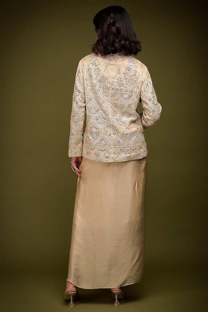 Ivory-Beige Satin Draped Skirt Set by Farha Syed at Pernia's Pop Up Shop