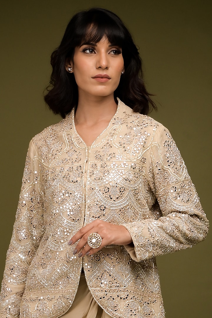 Ivory-Beige Satin Draped Skirt Set by Farha Syed at Pernia's Pop Up Shop