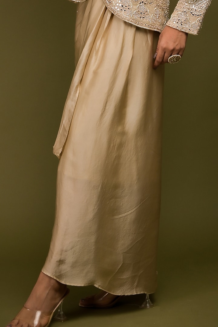 Ivory-Beige Satin Draped Skirt Set by Farha Syed at Pernia's Pop Up Shop