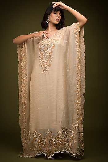 Ivory-Beige Tissue Chanderi Cutdana Embroidered Kaftan by Farha Syed at Pernia's Pop Up Shop