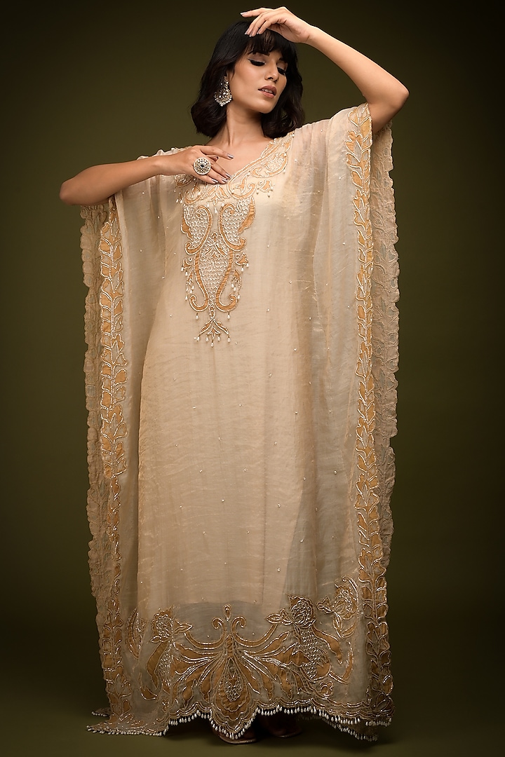 Ivory-Beige Tissue Chanderi Cutdana Embroidered Kaftan by Farha Syed