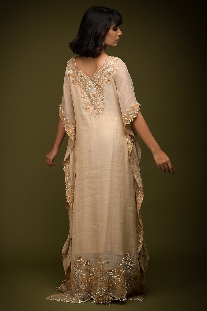 Ivory-Beige Tissue Chanderi Cutdana Embroidered Kaftan by Farha Syed at Pernia's Pop Up Shop