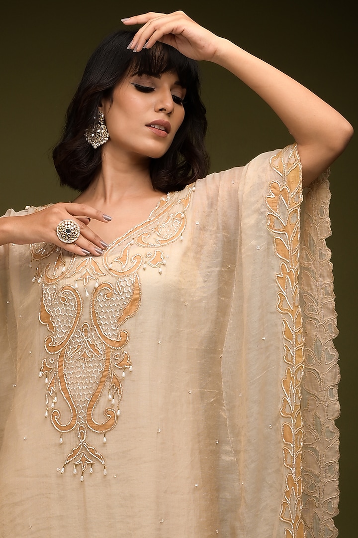 Ivory-Beige Tissue Chanderi Cutdana Embroidered Kaftan by Farha Syed at Pernia's Pop Up Shop
