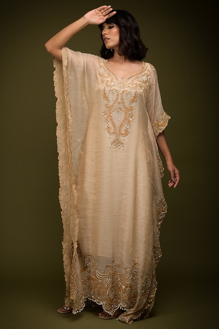 Ivory-Beige Tissue Chanderi Cutdana Embroidered Kaftan by Farha Syed at Pernia's Pop Up Shop