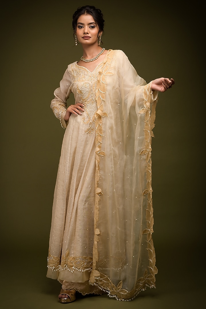 Ivory-Beige Tissue Chanderi Resham Embroidered Wedding Anarkali Set by Farha Syed at Pernia's Pop Up Shop