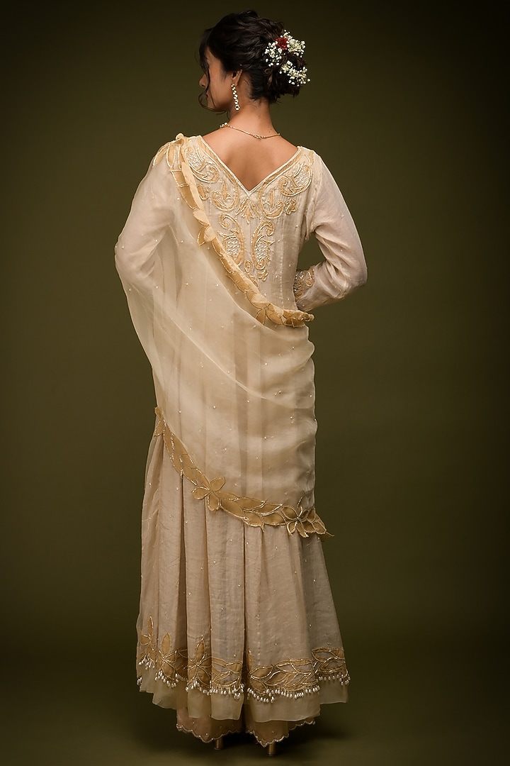 Ivory-Beige Tissue Chanderi Resham Embroidered Wedding Anarkali Set by Farha Syed at Pernia's Pop Up Shop