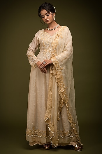 Ivory-Beige Tissue Chanderi Resham Embroidered Wedding Anarkali Set by Farha Syed at Pernia's Pop Up Shop