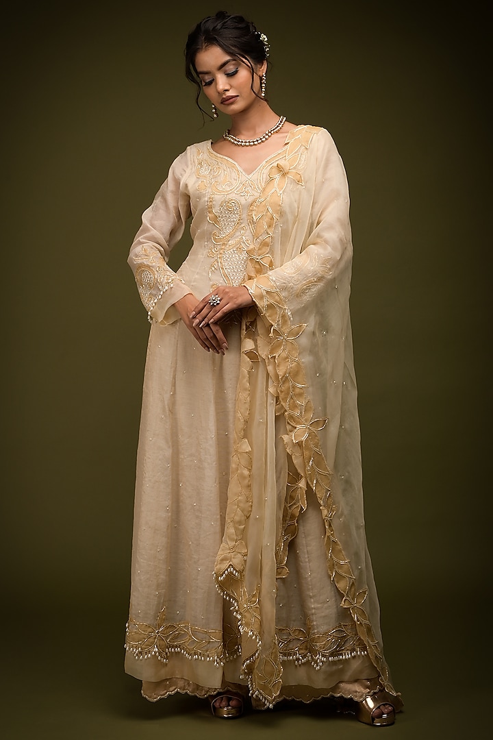 Ivory-Beige Tissue Chanderi Resham Embroidered Anarkali Set by Farha Syed