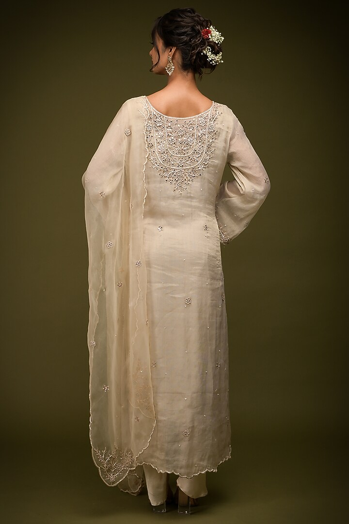 Ivory-Beige Tissue Georgette Resham Embroidered Kurta Set by Farha Syed at Pernia's Pop Up Shop