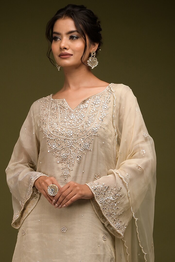 Ivory-Beige Tissue Georgette Resham Embroidered Kurta Set by Farha Syed at Pernia's Pop Up Shop