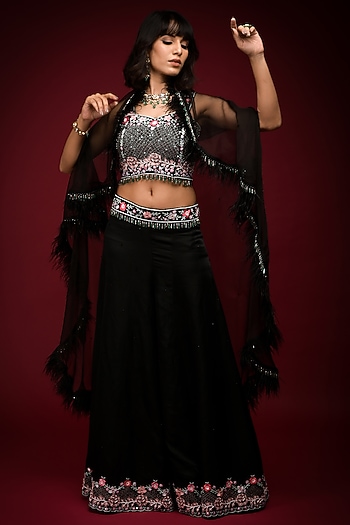 Black Linen Satin Sequins Embroidered Wedding Sharara Set by Farha Syed at Pernia's Pop Up Shop