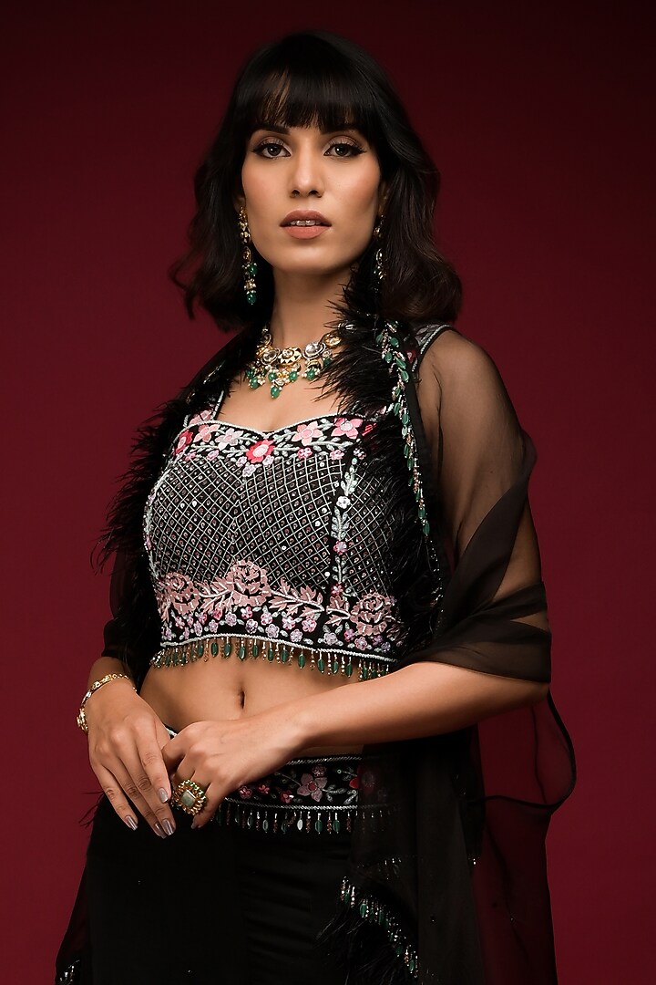 Black Linen Satin Sequins Embroidered Wedding Sharara Set by Farha Syed at Pernia's Pop Up Shop
