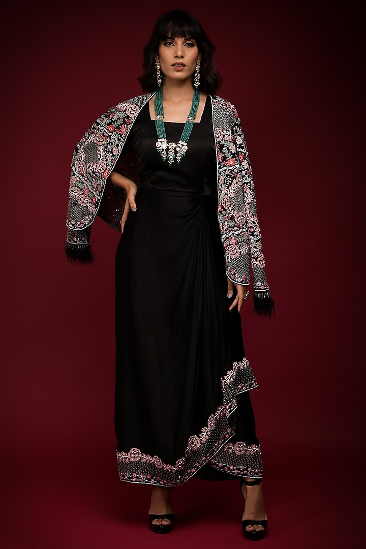 Black Satin Draped Gown With Embroidered Jacket by Farha Syed