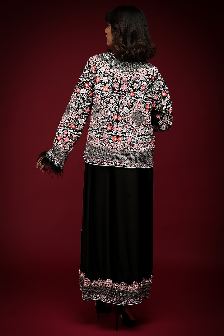 Black Satin Draped Engagement Gown With Embroidered Jacket by Farha Syed at Pernia's Pop Up Shop