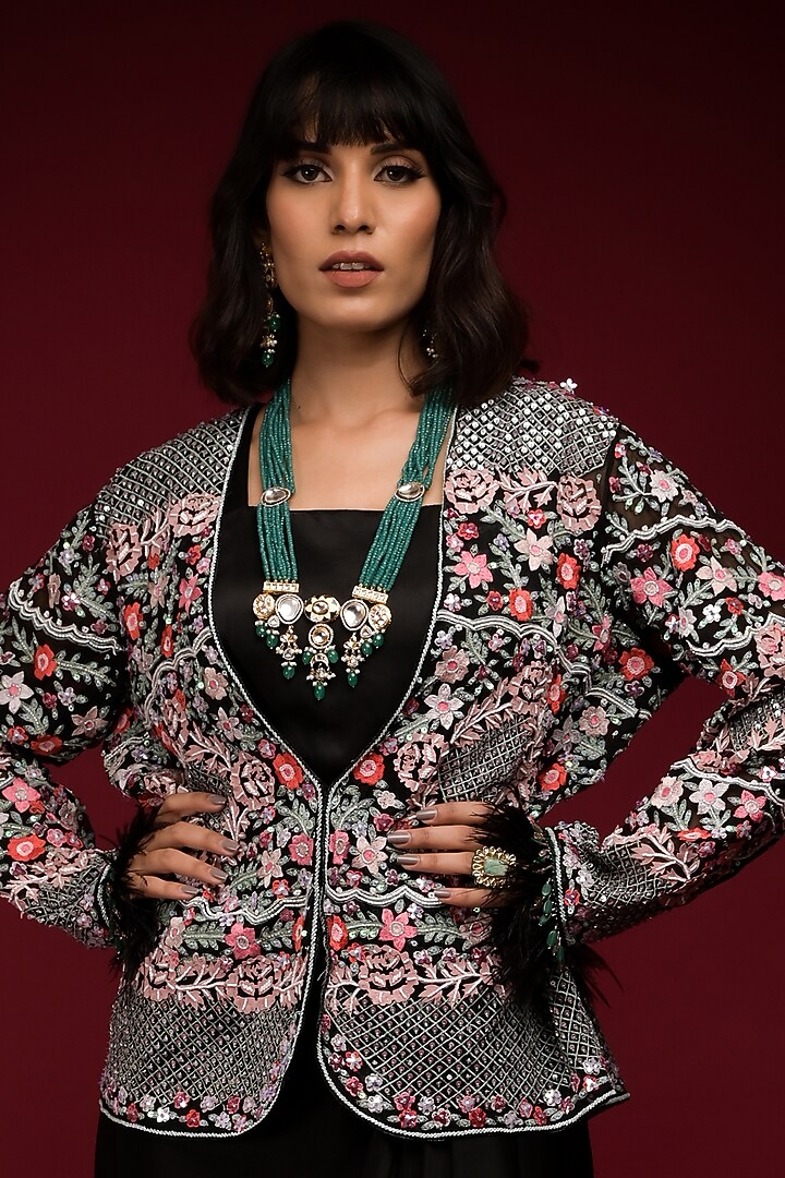 Black Satin Draped Engagement Gown With Embroidered Jacket by Farha Syed at Pernia's Pop Up Shop