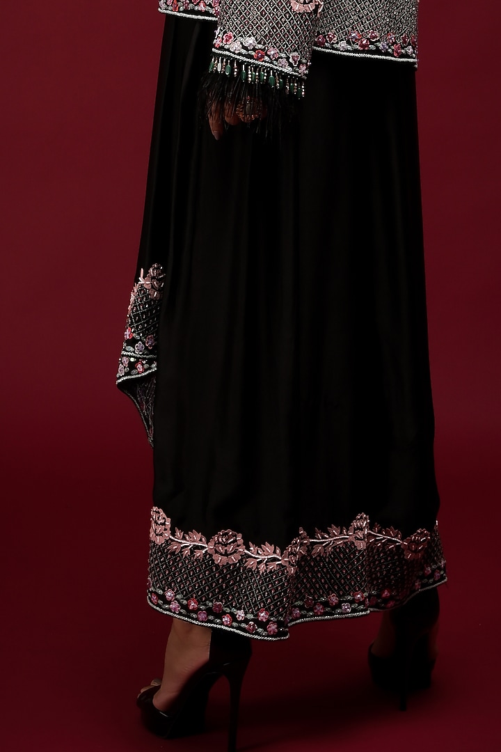 Black Satin Draped Engagement Gown With Embroidered Jacket by Farha Syed at Pernia's Pop Up Shop