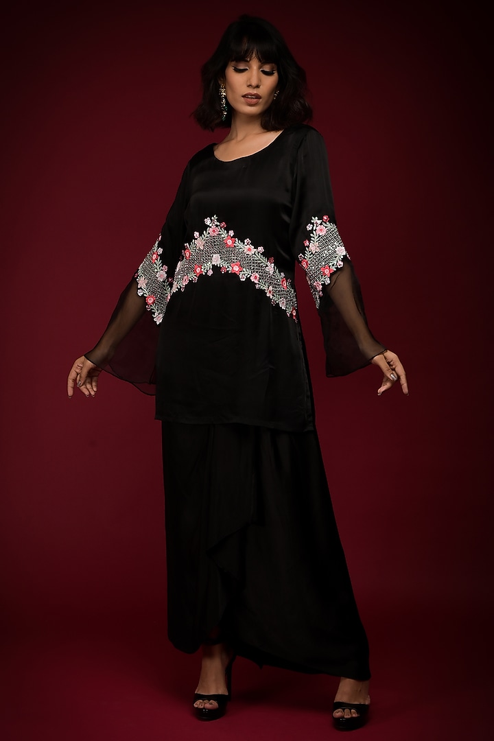 Black Satin & Organza Co-Ord Set by Farha Syed at Pernia's Pop Up Shop