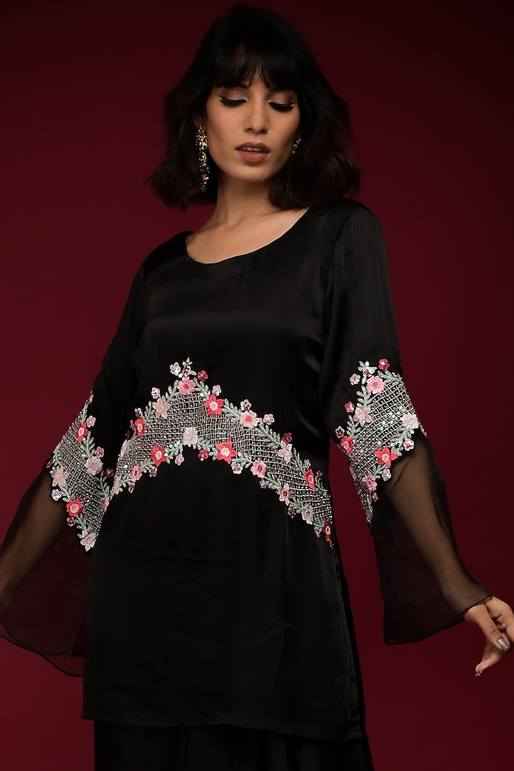 Black Satin & Organza Co-Ord Set by Farha Syed at Pernia's Pop Up Shop