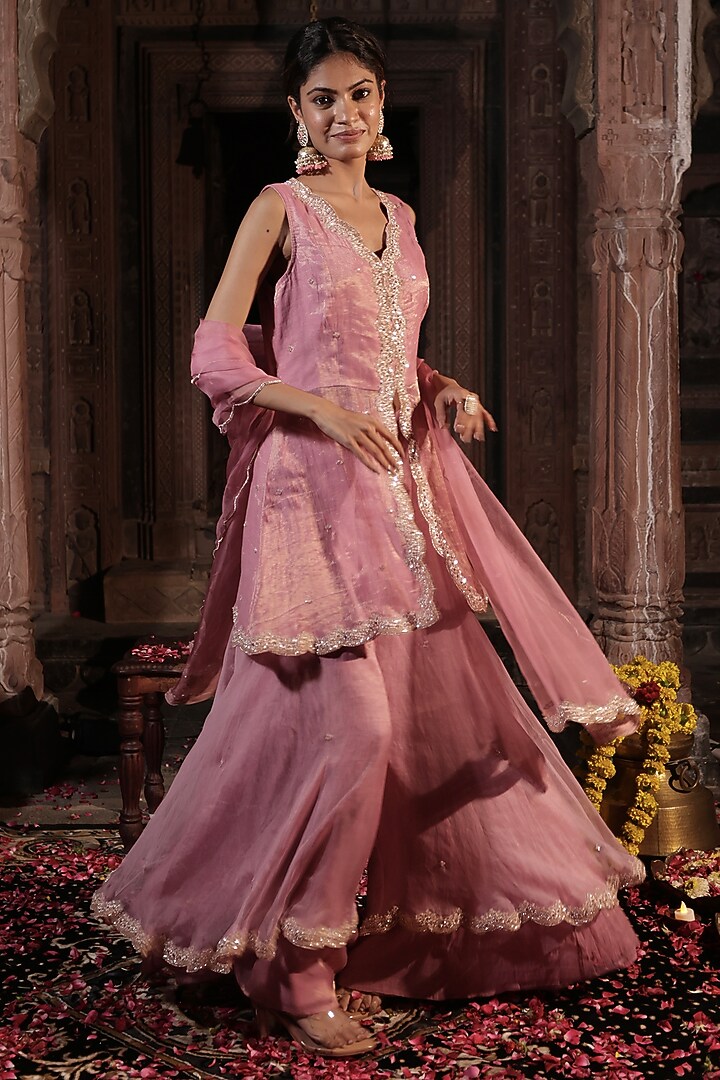 Pink Organza Wedding Sharara Set by Farha Syed at Pernia's Pop Up Shop