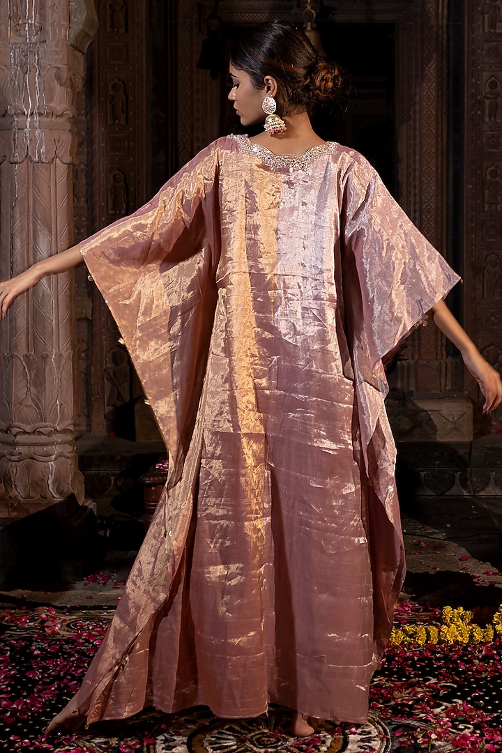 Pink & Golden Chanderi Tissue Pearl Hand Embroidered Kaftan by Farha Syed at Pernia's Pop Up Shop