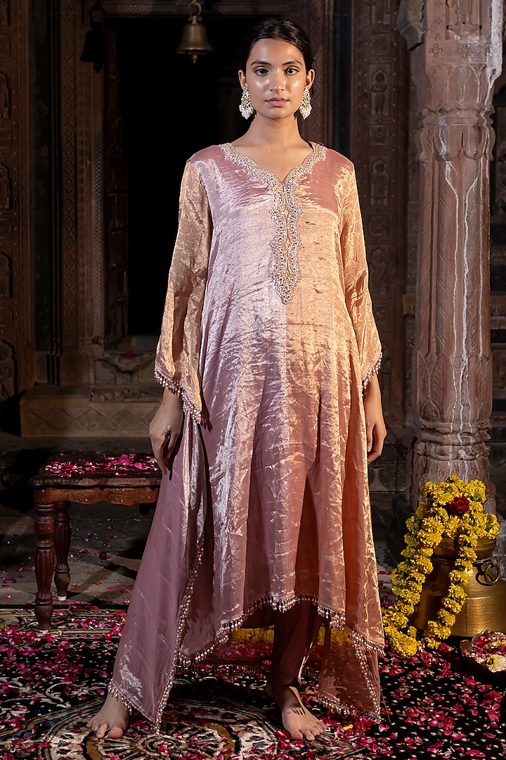 Pink & Golden Chanderi Tissue Pearl Hand Embroidered Kaftan Set by Farha Syed at Pernia's Pop Up Shop