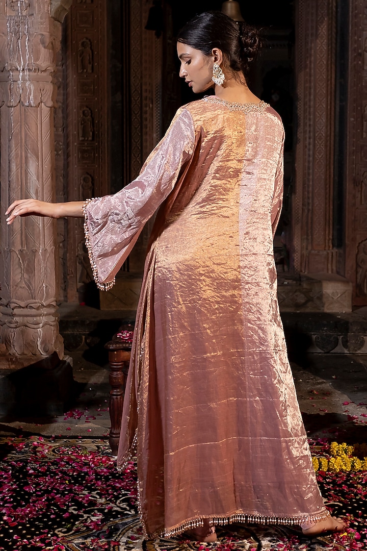Pink & Golden Chanderi Tissue Pearl Hand Embroidered Kaftan Set by Farha Syed at Pernia's Pop Up Shop